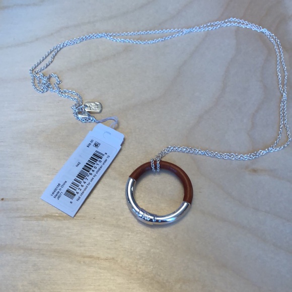 Lauren Ralph Lauren Silver Tone Leather Wrapped Circle Pendant Necklace NWT - Picture 3 of 12
